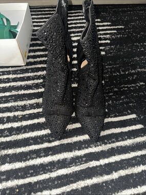 INC International Concepts Black Crystal-Studded Pointed Toe Heeled Boots